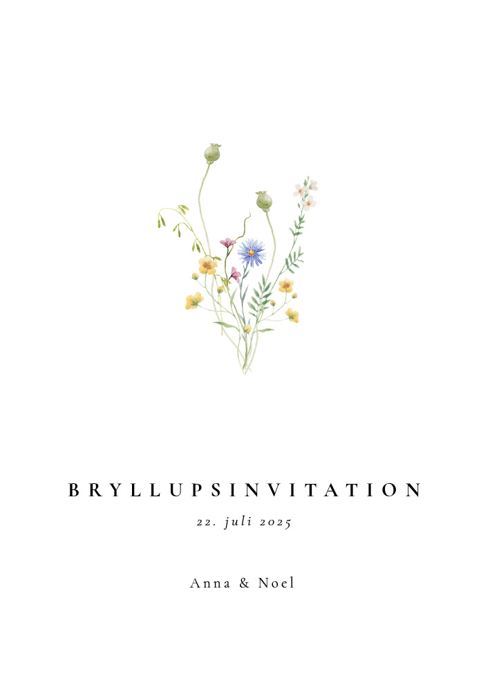 
                Anna og Noels bryllupsinvitation er designet til brudeparret der ønsker et smukt og elegant udtryk. Invitationen er prydet med en buket af spinkle blomster i sarte farver. Til designet kommer også matchende elementer i form af velkomstskilt, salmehæfte, bordoversigt, menukort, bordkort, drinkskort, takkekort mm. således I kan skabe en rød tråd for dagen.                